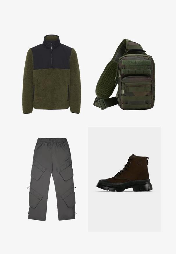 Pull-over en polaire vert olive avec un panneau en nylon noir sur la poitrine. Il comprend un col montant, une fermeture éclair mi-haute et des poches latérales.; Pantalons cargo en tissu gris foncé avec une taille élastique, plusieurs poches cargo, ourlets avec cordons de serrage et une texture lisse.; Botte montante marron foncé avec semelle noire épaisse, lacets noirs et bout arrondi, vue de profil sur un fond uni.; Sac à dos en bandoulière camouflage vert avec plusieurs poches zippées, une sangle réglable et un panneau arrière en mesh pour la ventilation.