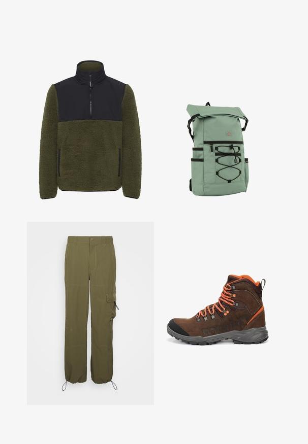 Sudadera de forro polar en verde oliva con un panel de nylon negro en el pecho. Cuenta con un cuello alto, cierre de media cremallera y bolsillos laterales.; Pantalones cargo verde oliva hechos de tejido ligero. Las características incluyen un cierre de botón, bolsillos laterales y puños ajustables con cordones.; Bota de senderismo marrón con acentos naranjas, que cuenta con un collar acolchado, ojales de metal para los cordones y una suela de goma texturizada. Ideal para uso al aire libre.; Dickies ASHVILLE UTILITY ROLL TOP - Mochila - sea spray