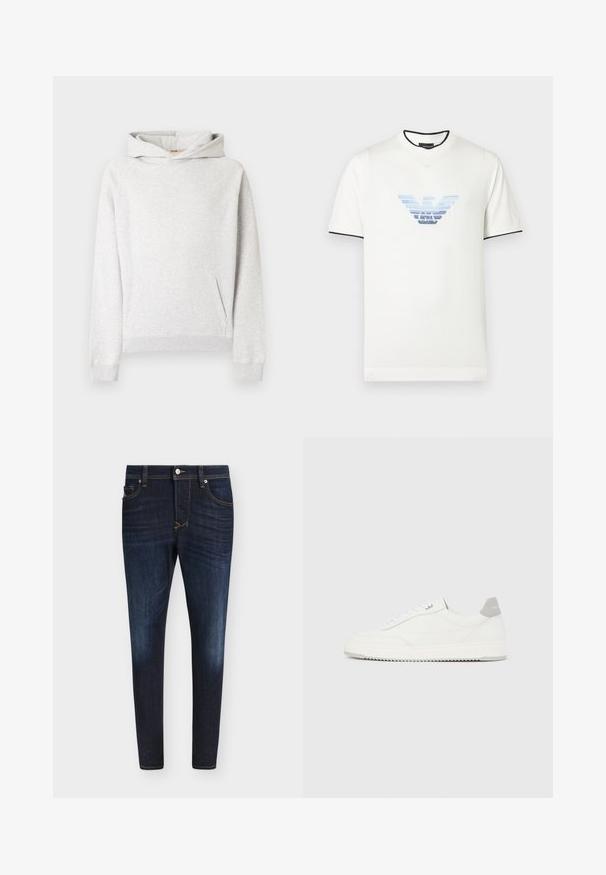 Sweat à capuche gris chiné en tissu polaire doux, doté d'une capuche avec cordon de serrage, d'une poche avant, ainsi que de poignets et d'un ourlet côtelés.; T-shirt blanc à manches courtes avec un logo aigle en dégradé de bleu. Accents noirs sur le col et les manches. Matière douce en coton. Design simple.; Jean slim bleu foncé avec légère décoloration sur les cuisses, design cinq poches, bouton à l'avant et passants de ceinture sur fond blanc.; Baskets basses blanches avec un onglet de talon gris, des lacets blancs et une semelle texturée, présentées sur un fond uni clair.