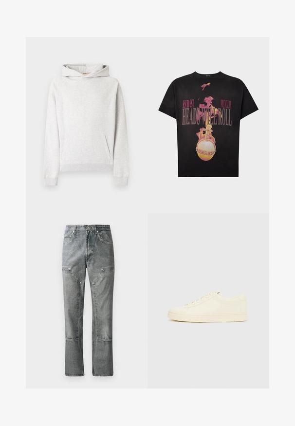 Hellgrauer Kapuzenpullover aus weichem Fleece-Material, mit verstellbarer Kapuze, einer Fronttasche sowie gerippten Bündchen und Saum.; Schwarzes T-Shirt mit flammender Kugel- und Kreuzgrafik und pinkem Text "KSUBI EST MCMXCIX HEADS WILL ROLL" auf der Vorderseite.; Graue Denim-Jeans mit geradem Schnitt, ausgestattet mit Fronttaschen, sichtbaren Nähten und einem verwaschenen Finish. Das Material hat eine glatte Textur.; Cremefarbener Sneaker mit glattem Lederoberteil, abgerundeter Zehenpartie, Schnürung vorne und strukturierter Gummisohle. Minimalistisches Design, ohne Logos.