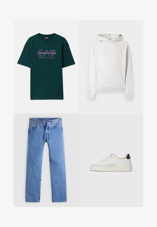 Lysegrå hættetrøje lavet af blødt fleecemateriale, med snøre i hætten, en lomme foran samt ribkanter ved ærmer og forneden.; Mørkegrøn bomulds t-shirt med et lilla logo print "EA7 Emporio Armani" over brystet. Klassisk rund hals og korte ærmer.; Lyseblå denimjeans med et lige ben design, fem lommer og to-knaps lynlås. Har minimal falmen og kontrastsyning.; Hvide sneakers med ruskindsdetaljer, rund tå, flade snørebånd og en cremet gummisål. Har grøn branding på hælen.