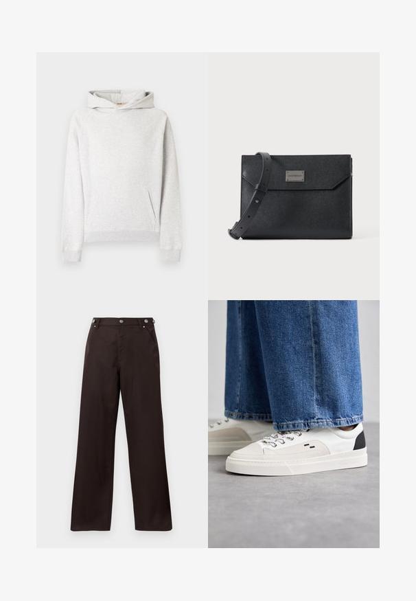 Hellgrauer Kapuzenpullover aus weichem Fleece-Material, mit verstellbarer Kapuze, einer Fronttasche sowie gerippten Bündchen und Saum.; Dunkelbraune gerade geschnittene Hosen mit Knopfdetails am Bund und zwei vorderen Taschen, vor einem weißen Hintergrund präsentiert.; Weiße und schwarze Sneaker mit einem Obermaterial aus glattem Leder, strukturierten Akzenten und einer massiven weißen Sohle. Verfügt über ein klassisches Schnürdesign.; Schwarze, strukturierte Leder-Umhängetasche mit verstellbarem Riemen und Metall-Logoplatte vorne, rechteckige Umschlagklappe.