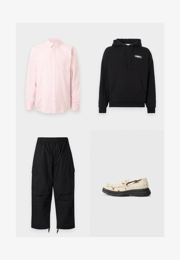 Sweat à capuche en coton noir avec poche avant, capuche à cordon de serrage et logo "OBEY" brodé sur la poitrine. Texture douce, coupe décontractée.; Chemise à manches longues à carreaux rose clair et blanc, boutonnée, avec col et poche poitrine, présentée sur un fond uni.; Pantalon cargo noir avec une ceinture élastique, multiples poches et fermetures éclair aux chevilles, avec une coupe décontractée et ample.; Mocassin en cuir crème avec des éclaboussures brunes, doté d'une épaisse semelle en caoutchouc noir et d'une texture lisse. Design classique de loafer.
