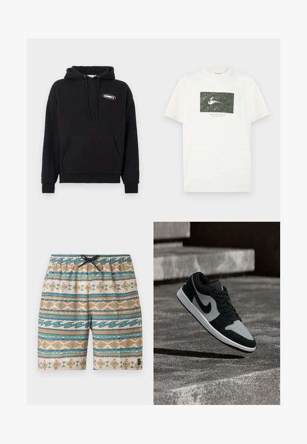 Sweat à capuche en coton noir avec poche avant, capuche à cordon de serrage et logo "OBEY" brodé sur la poitrine. Texture douce, coupe décontractée.; T-shirt blanc avec un graphique rectangulaire noir représentant une personne chevauchant une comète dans l'espace, avec le texte "Ride Your Dreams Carhartt WIP" en dessous.; Short de bain homme mi-long avec motifs tribaux et vagues en bleu sarcelle, beige et crème, doté d’une taille élastique avec un cordon noir.; Baskets Nike noires et grises flottant au-dessus d'une surface en béton texturée avec des marches en pierre en arrière-plan.