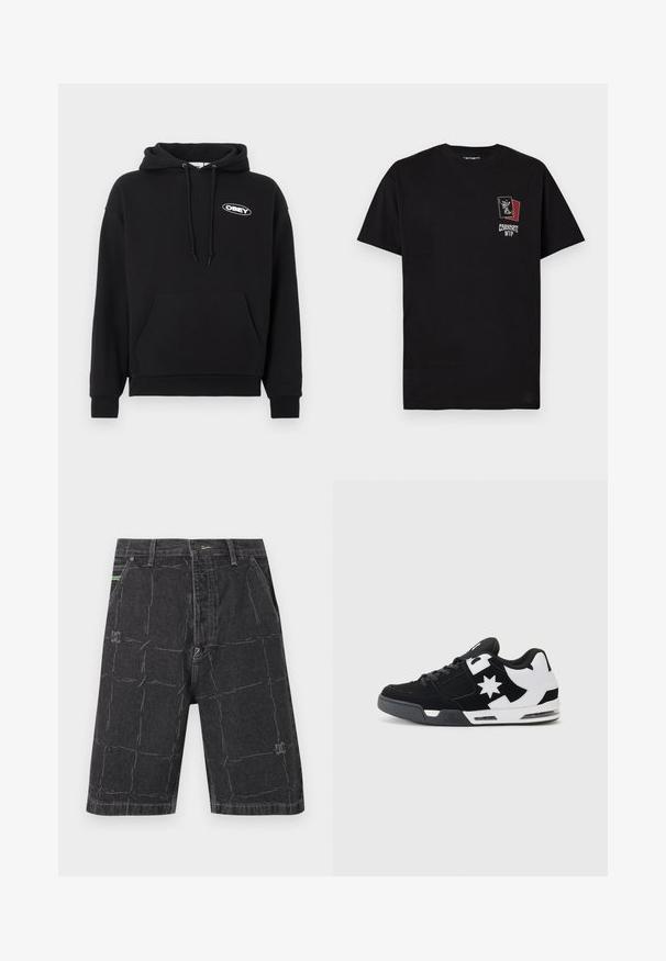 Sort bomulds-hoodie med forlomme, snørelukning ved hætten og et broderet "OBEY"-logo på brystet. Blød tekstur, afslappet pasform.; Sort t-shirt med korte ærmer fra Carhartt WIP med grafik af to overlappende spillekort og Carhartt WIP-tekst på venstre bryst.; Sorte denimshorts med et vasket ternet mønster, forlommer, knaplukning og bæltestropper.; Sort og hvid sneakers lavet af ruskind og mesh. Har et fremtrædende stjernelogo og dristige detaljer på siden, samt en polstret sål.