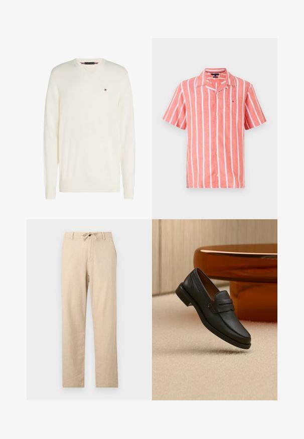 Krémový dlhorukávový sveter s výstrihom do V, s malým logom vlajky Tommy Hilfiger na ľavej strane hrudníka a rebrovanými manžetami a lemom.; Košeľa s krátkym rukávom, s koralovými pruhmi vyrobená z priedušného ľanu. Má golier, predné gombíky a kontrastné biele pruhy.; Svetlo béžové ľanové nohavice s obvodovým pásom, rovný strih, predné vrecká a hladká textúra. Minimalistický dizajn bez vzorov.; Čierne pánske kožené mokasíny s pásikom na vrchu, vystavené na béžovom koberci pri hnedom modernom okrúhlom stole.