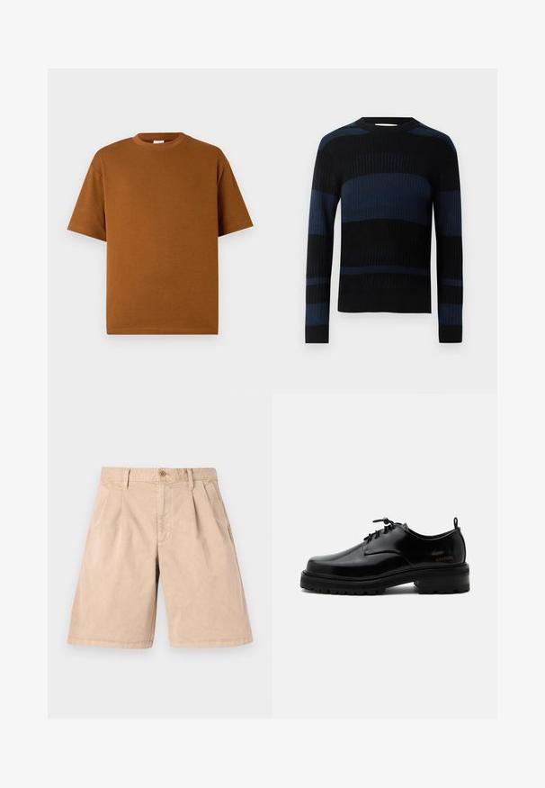 Ribbet striktrøje med vandrette sorte og mørkeblå striber, lange ærmer og rund halsudskæring.; Brun kortærmet t-shirt lavet af blødt stof, med rund halsudskæring og afslappet pasform med lige kant. Ingen synlige mønstre eller accenter.; Beige shorts lavet af bomuld, med en lige pasform, plisseret front, sidelommer og en enkelt knaplukning i taljen.; Sort poleret læder snørestøvle med tyk gummisål og lav hæl, sideskilt med mærketekst "SAMSOE" og bageste træksnor.