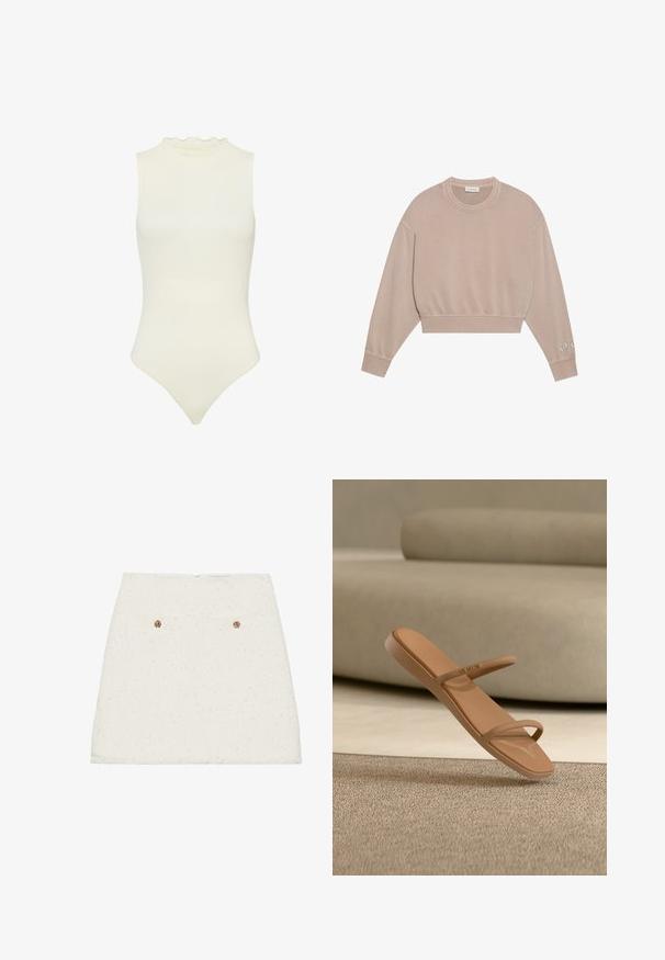 Sudadera recortada en beis claro, con cuello redondo, mangas largas, puños acanalados y un detalle de texto decorativo en la manga izquierda.; Body sin mangas blanco con un escote alto, con un borde con volantes, hecho de material elástico de canalé, con una silueta ajustada.; Mini falda de tweed blanca con un acabado texturizado, que presenta dos bolsillos traseros y acentos de botones dorados. El dobladillo está ligeramente deshilachado.; Sandalia marrón de tipo slip-on con dos tiras delgadas, mostrada sobre una superficie texturizada beige y frente a un fondo acolchado de color beige claro.