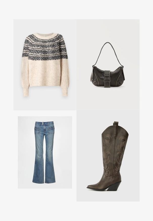 Cremefarvet og sort strikket sweater med mønstret yoke, ribbede manchetter og kant, præsenteret mod en ensfarvet baggrund.; Blå denimjeans med vidde i benene har høj talje, to forlommer med teksturerede detaljer og en traditionel knaplukning.; Brune læder cowboystøvle med spids tå, kilehæl og dekorativ broderi. Har en høj stok og en trækflap.; Sort læder skuldertaske med spænde på remmen, afrundede kanter og kontrasterende hvide syninger på en ensfarvet baggrund.