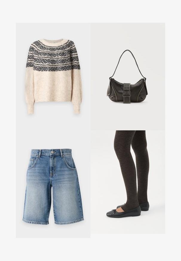 Cremefarvet og sort strikket sweater med mønstret yoke, ribbede manchetter og kant, præsenteret mod en ensfarvet baggrund.; Lysblå denimshorts med lige pasform, fem lommer og bronzefarvet hardware. Har en rå kant og en falmet vaskemæssig struktur.; Ben iført mørke ribbede leggings kombineret med sorte balletsko med små sløjfedetaljer på hvid baggrund.; Sort læder skuldertaske med spænde på remmen, afrundede kanter og kontrasterende hvide syninger på en ensfarvet baggrund.