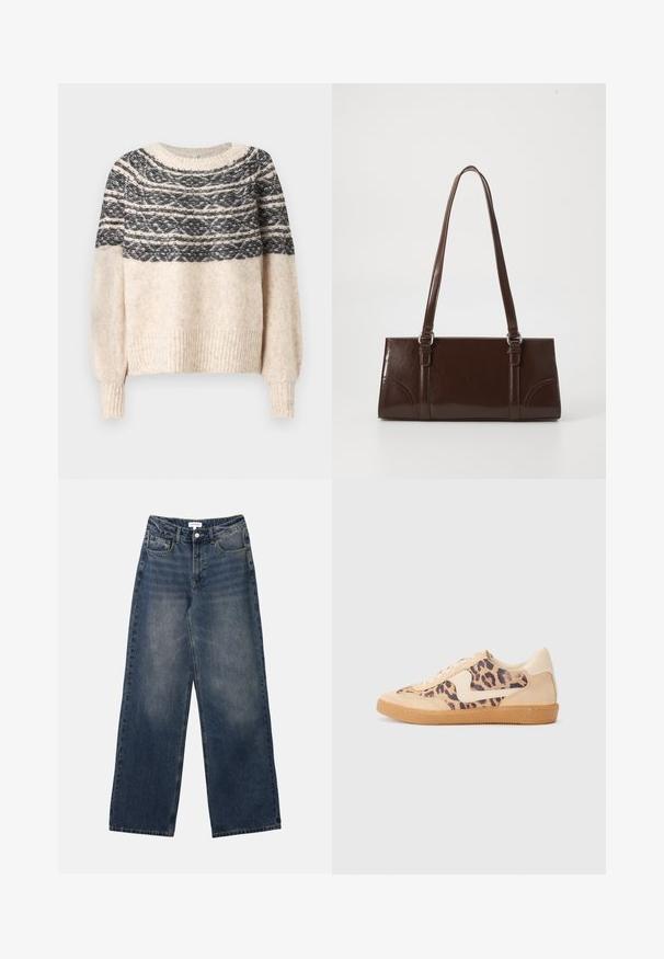 Cremefarbener und schwarzer gestrickter Pullover mit gemustertem Schulterbereich, gerippten Bündchen und Saum, vor einem schlichten Hintergrund präsentiert.; Herrenhohe-taillierte blaue Jeans aus Denim mit weitem Bein, vorderem Knopf und Reißverschluss sowie Vorder- und Gesäßtaschen.; Löwenmuster-Sneaker mit beige Wildleder-Obermaterial, tanfarbener Gummisohle und weißen Akzenten. Runde Zehenform und Schnürdesign mit strukturiertem Finish.; Braune Lackleder-Handtasche in rechteckiger Form, mit zwei langen Griffen und subtilen, geschwungenen Akzenten auf der Vorderseite.