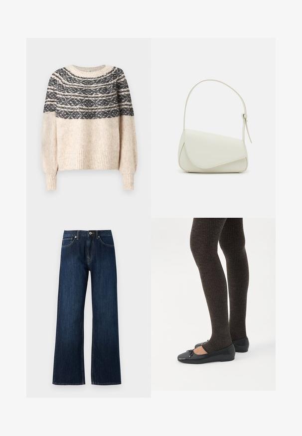 Cremefarvet og sort strikket sweater med mønstret yoke, ribbede manchetter og kant, præsenteret mod en ensfarvet baggrund.; Bredde ben mørkeblå jeans lavet af denim, med lynlås og knaplukning, samt to forreste lommer med kontrasterende syninger.; Ben iført mørke ribbede leggings kombineret med sorte balletsko med små sløjfedetaljer på hvid baggrund.; Hvid taske i faux læder med en struktureret trekantet form, enkelt justerbart skulderstrop og en flaplås med kurver.