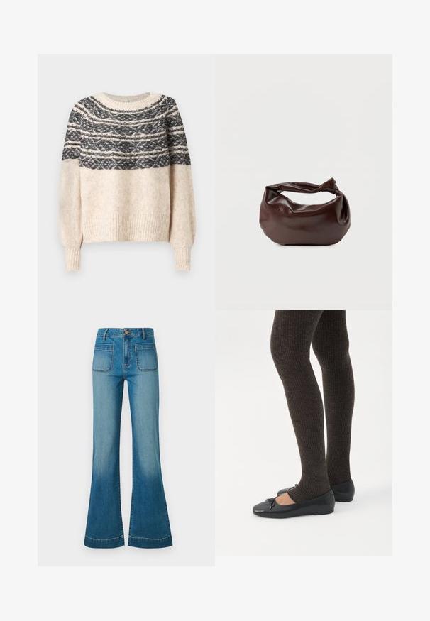 Cremefarvet og sort strikket sweater med mønstret yoke, ribbede manchetter og kant, præsenteret mod en ensfarvet baggrund.; Blå højtaljede denimjeans med forreste patchlommer og svajede ben, med knap- og lynlåslukning.; Ben iført mørke ribbede leggings kombineret med sorte balletsko med små sløjfedetaljer på hvid baggrund.; Mørkebrun læder skuldertaske med en blød, afslappet form og et snoet knudehåndtag på en ensartet hvid baggrund.