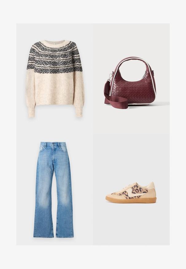Pull en tricot crème et noir avec un yoke à motifs, des poignets et un ourlet côtelés, présenté sur un fond uni.; Jeans en denim bleu clair évasés avec taille haute, cinq poches et fermeture à bouton classique. Présente un léger dégradé et une coupe décontractée.; Baskets en imprimé léopard avec tige en suède beige, semelle en caoutchouc tan et accents blancs. Bout rond et design à lacets avec une finition texturée.; Sac à main en cuir tressé marron foncé avec poignée courbée, garniture blanche, fermeture éclair argentée et bandoulière large en tissu amovible sur fond uni.