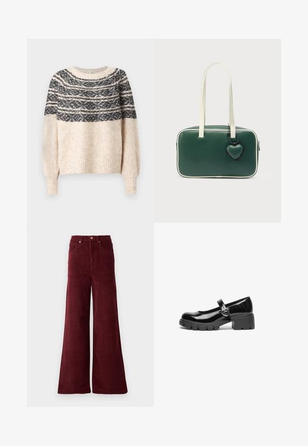 Cremefarvet og sort strikket sweater med mønstret yoke, ribbede manchetter og kant, præsenteret mod en ensfarvet baggrund.; Bredde ben bukser i kordfløjl i burgunder, med høj talje, forlommer og knaplukning. Struktureret ribbet stof hele vejen igennem.; Sort patentlæder Mary Jane sko med en kraftig hæl, rund tå og en rem med detajler i form af en hjerteformet spænde.; Grøn lædertaske med hvide detaljer, rektangulær form, to top-håndtag og en hjerteformet charm vedhæftet en lynlås.