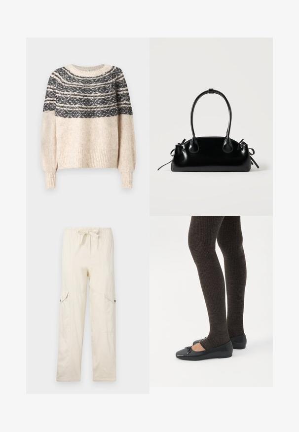 Cremefarvet og sort strikket sweater med mønstret yoke, ribbede manchetter og kant, præsenteret mod en ensfarvet baggrund.; Beige cargo bukser med snøre i taljen, udstyret med to sidelommer og syede detaljer. Fremstillet af letvægts bomuldsstof.; Ben iført mørke ribbede leggings kombineret med sorte balletsko med små sløjfedetaljer på hvid baggrund.; Lille sort blank håndtaske med to lange håndtag og snøre-detaljer i siden på en ensfarvet lys baggrund.