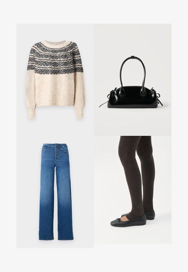 Cremefarvet og sort strikket sweater med mønstret yoke, ribbede manchetter og kant, præsenteret mod en ensfarvet baggrund.; Vidde denim jeans i blå med høj talje og fem knaplukninger. Har klassisk syning og en ren kant.; Ben iført mørke ribbede leggings kombineret med sorte balletsko med små sløjfedetaljer på hvid baggrund.; Lille sort blank håndtaske med to lange håndtag og snøre-detaljer i siden på en ensfarvet lys baggrund.