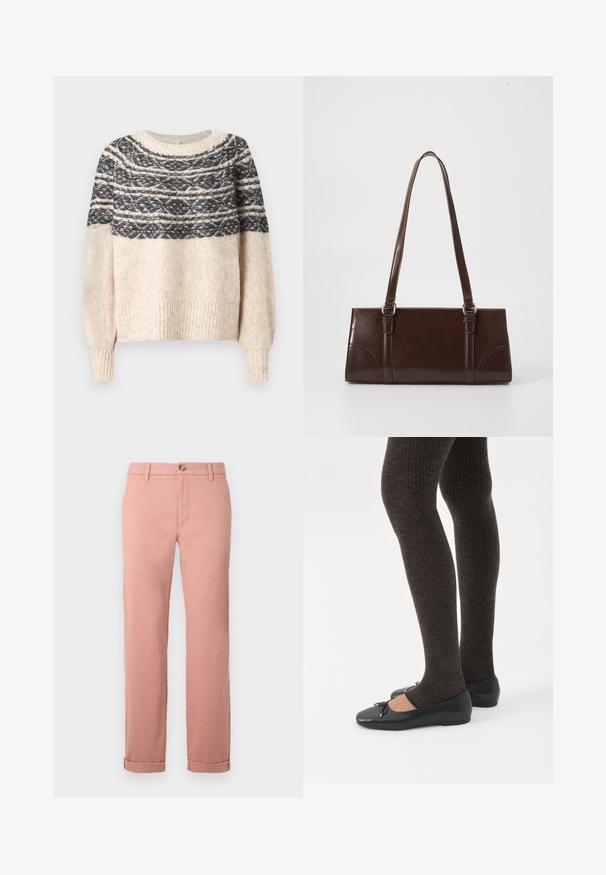 Pull en tricot crème et noir avec un yoke à motifs, des poignets et un ourlet côtelés, présenté sur un fond uni.; Chinos rose clair en coton avec des jambes droites, dotés d'une fermeture à bouton sur le devant, de passants de ceinture et de poignets retroussés. Texture lisse.; Jambes portant des leggings côtelés foncés associés à des ballerines noires avec de petits détails en nœud sur fond blanc.; Sac à main en cuir verni marron de forme rectangulaire, avec deux longues poignées et des accents courbés subtils à l'avant.