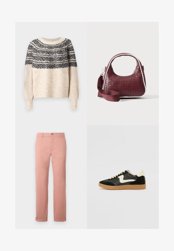 Pull en tricot crème et noir avec un yoke à motifs, des poignets et un ourlet côtelés, présenté sur un fond uni.; Chinos rose clair en coton avec des jambes droites, dotés d'une fermeture à bouton sur le devant, de passants de ceinture et de poignets retroussés. Texture lisse.; Baskets en daim et cuir noir avec un swoosh latéral crème et un talon crème clair. Dotées de lacets beige et d'une semelle en caoutchouc gomme.; Sac à main en cuir tressé marron foncé avec poignée courbée, garniture blanche, fermeture éclair argentée et bandoulière large en tissu amovible sur fond uni.