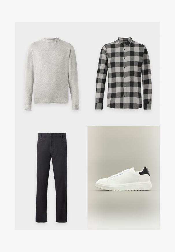 Lysegrå sweater lavet af blødt stof, med ribbet rund halsudskæring og ribbede manchetter og kant. Minimalistisk design, lange ærmer.; Sort og grå plaid langærmet skjorte med knaplukning foran. Har en krave og sorte knapper. Fremstillet af et blødt, tekstureret stof.; Sorte lige ben bukser med sidelommer, frontlukkegem med knap og bæltestropper på hvid baggrund.; Hvid lav sneakers med tyk sål, snørelukning foran og sort hælstrop, mærket med "Steve Madden" på siden af sålen.