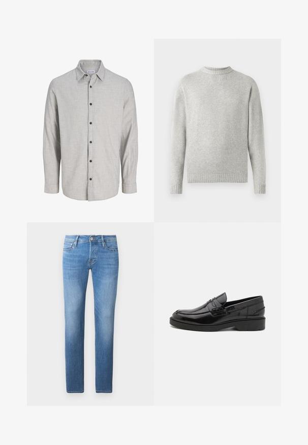 Lysegrå sweater lavet af blødt stof, med ribbet rund halsudskæring og ribbede manchetter og kant. Minimalistisk design, lange ærmer.; Lys grå langærmet skjorte lavet af struktureret stof. Har en button-down krave og seks sorte knapper foran.; Lyseblå denim jeans med straight-leg snit, der har knap- og lynlåslukning, fem lommer og subtil falming.; Sorte læder loafers med en glat finish, rund tå, lav hæl og dekorativ syning langs forsiden. Gummisål for godt greb.
