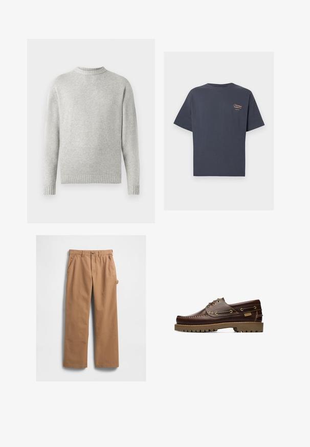 Lysegrå sweater lavet af blødt stof, med ribbet rund halsudskæring og ribbede manchetter og kant. Minimalistisk design, lange ærmer.; Mørkegrå t-shirt med korte ærmer og lille lys tekst på venstre bryst, der lyder "New England Coastline Hotel original type"; Lysebrune bomuldsbukser med et lige ben-design, der har sidelommer og en sidelomme til værktøj. Stoffets tekstur er glat og robust.; Brune læder snørelæderbådssko med syede detaljer og tyk gummisål, set fra siden.