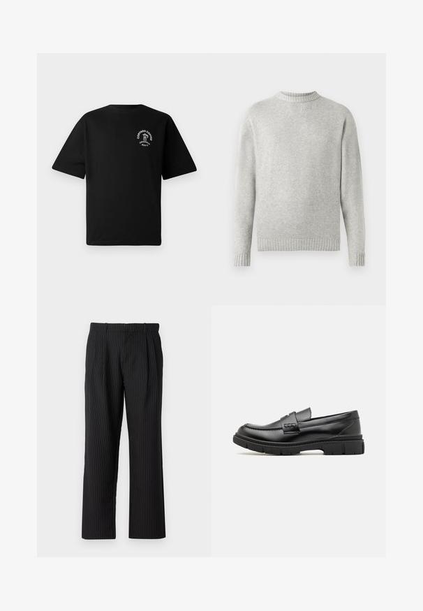 Pull léger gris fabriqué en tissu doux, avec un col ras du cou côtelé et des poignets et un ourlet côtelés. Design minimaliste, manches longues.; T-shirt noir à manches courtes avec un petit logo blanc sur la poitrine représentant une cafetière et le texte "Cortado Coffee Original 2013."; Jack & Jones Classic Wide Leg Fit - Pantalon classique - black; Mocassin en cuir noir avec une large sangle sur le devant, semelle en caoutchouc à épaisse rainure, et texture lisse. Design classique et élégant.