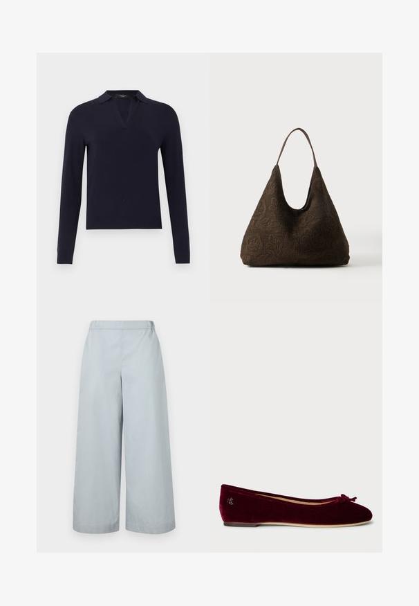 Laivastonsininen pitkähihaisen neuleen, jossa on jaettu V-kaulus ja istuvat hihansuut, esitetty yksinkertaisella vaaleanharmaalla taustalla.; MM by MaxMara ANTILLE - Housut - light blue; Ballet flat burgundi samet z malou mašlí na špičce a jemným stříbrným logem blízko paty, plochá gumová podrážka.; Tummanruskea olkalaukku, jossa on koristeltu kukkainen virkkauskuvio ja yksittäinen ohut olkahihna yksivärisellä taustalla.