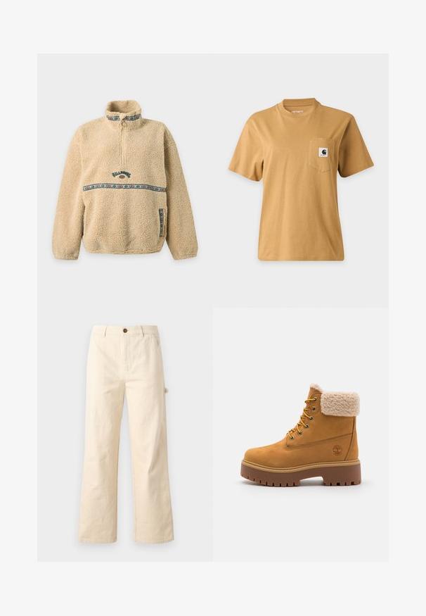 Pull polaire beige avec fermeture éclair quart de zip, bordure à motifs sur la poitrine, le col et la poche, et logo Billabong au centre devant.; T-shirt marron uni à manches courtes avec une poche poitrine présentant un patch carré avec le logo de la marque, affiché sur un fond clair uni.; Pantalons larges beiges en coton avec fermeture à bouton, comportant des poches latérales et un design épuré et minimal.; Bottine en daim beige avec un col en fausse fourrure, œillets dorés et semelle en caoutchouc contrastante. Présente un logo sur le côté et un motif texturé sur la semelle.