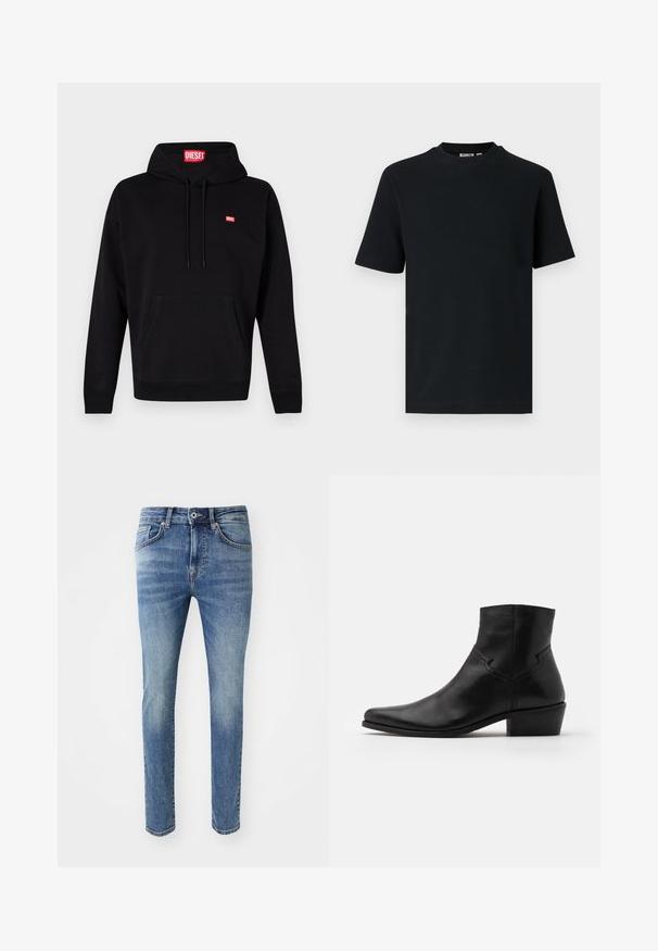 Schwarzer Hoodie aus Baumwolle. Verfügt über eine Fronttasche, Kordeln und ein kleines weißes und rotes Logo auf der Brust. Klassische Passform.; Schwarzes, kurzärmeliges, geripptes Strick-T-Shirt mit Rundhalsausschnitt und einem kleinen, sichtbaren Etikett im Krageninnenteil.; Verblasste hellblaue Jeans aus Denim im Slim-Fit-Schnitt, mit fünf Taschen, einem Reißverschluss und einem Metallknopfverschluss am Bund.; Schwarze Leder-Ankle-Boots mit spitzer Zehenpartie, minimalen Nähdetails, einem mittelhohen Blockabsatz und einer glatten, polierten Oberfläche.