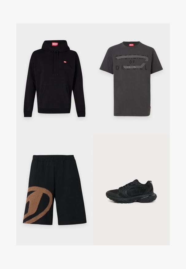 Hoodie noir en coton. Comprend une poche avant, des cordons de serrage et un petit logo blanc et rouge sur la poitrine. Coupe classique.; T-shirt en coton gris avec un texte noir audacieux indiquant "PROPERTY OF D.I.E.S.E.L.", à la texture lisse et manches courtes.; Shorts taille élastique noire avec grand motif abstrait marron sur la jambe gauche et poches latérales.; Baskets de sport noires avec tige en mesh, col matelassé, semelle épaisse et coussinée, fermeture à lacets, montrées de profil sur fond blanc.