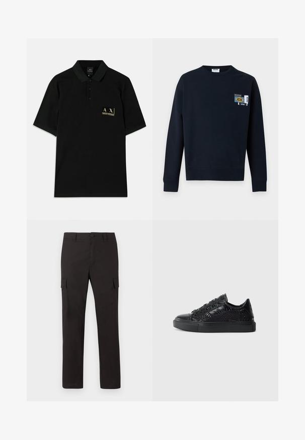Must Moschino pikksärmik pusa ümar kaelusega ja väike värviline logoembleem vasakul rinnal.; Must kärg ja puuvillane polo särk, millel on kolme nupuga lähenemine ja kuldne brodeeritud logo vasakul rinnal. Lühikesed varrukad, klassikaline lõige.; Mustad sirge säärega cargo-püksid esiküljel oleva nööbi, vööaasade ja külgmiste klapiga taskutega, tasapinnal heledal taustal.; Mustad mustandid, millel on tekstureeritud disain ja dekooritud mustrid, ümmargune varvas, must kummist tall ja mustad nöörid.