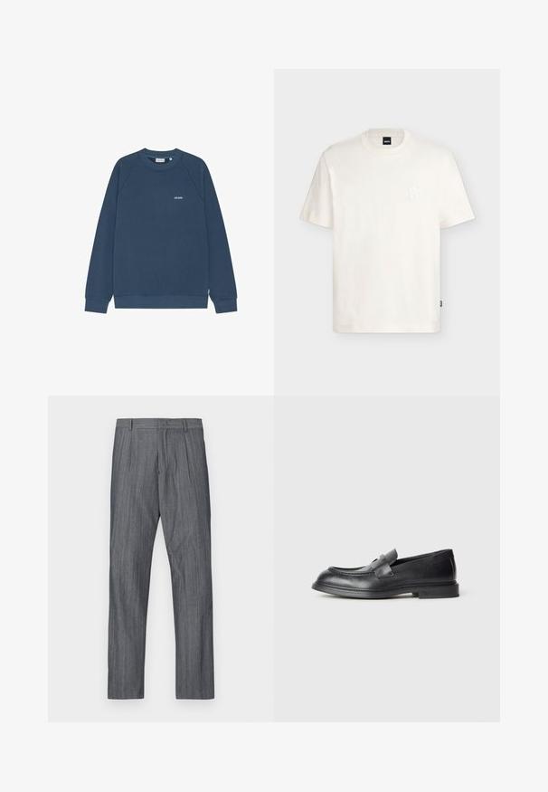Sweat-shirt bleu marine à manches longues, col rond, avec petit logo blanc « Les Deux » sur la poitrine gauche et poignets et base côtelés.; T-shirt blanc à manches courtes avec col rond, logo embossé discret sur la poitrine et petite étiquette noire sur la couture latérale.; Pantalon gris sur mesure avec un motif à fines rayures discret. Présente des plis à la taille et une coupe droite, confectionné dans un tissu lisse.; Mocassins en cuir noir avec une finition texturée, dotés d'une bride décorative à l'avant et d'un bout arrondi. Semelle en caoutchouc pour plus de durabilité.