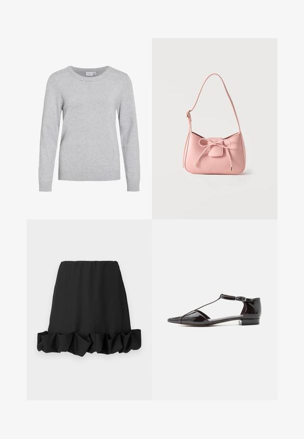 Lysegrå sweater med rund halsudskæring, lange ærmer, ribstrikkede manchetter og kant. Fremstillet af blødt, tekstureret stof. Mærke med brand navn synlig inde i halsen.; Sort nederdel med en volangnederste kant, lavet af letvægtsstof. Har en elastisk talje for en behagelig pasform. Enkel og alsidig design.; Sort patentlæder lavhælet sko med spids tå og T-rem med spænde, vist i sideprofil mod en ensfarvet baggrund.; Lille skuldertaske i pastel lyserød med justerbar strop og frontsløjfe med guldspidsdetaljer på ensfarvet baggrund.