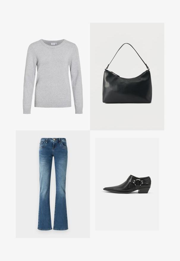 Hellgrauer Pullover mit rundem Halsausschnitt, langen Ärmeln, gerippten Bündchen und Saum. Hergestellt aus weichem, strukturiertem Stoff. Markenetikett ist im Nacken sichtbar.; Schmal zulaufende Jeans aus Denim in Mittelblau mit kontrastierenden Nähten, fünf Taschen und einem klassischen Knopf- und Reißverschluss.; Schwarze Leder-Ankle-Boots mit spitzem Zeh, ausgestattet mit einem vorderen Leder-Riemen und einem silbernen Schnallendetail sowie einem niedrigen Blockabsatz.; Schwarze Schultertasche aus strukturiertem Leder mit gewölbtem Reißverschluss oben und einem verstellbaren Riemen vor einfarbigem Hintergrund.