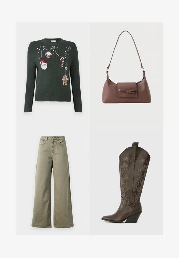Donkergroen gebreide trui met feestelijke versieringen, waaronder een kerstman, een zuurstok, kerstballen en een teddybeer van pailletten.; Hoge taille, olijfgroene wijde jeans met een knop aan de voorkant, rits en vijf-pocket ontwerp op een witte achtergrond.; Bruine leren cowboylaars met een spitse neus, wiggenhak en decoratieve borduursels. Heeft een hoge schacht en een trekriem.; Bruine leren schoudertas met een voorvak met klep en een gestikte strikdetail en een verstelbare band.