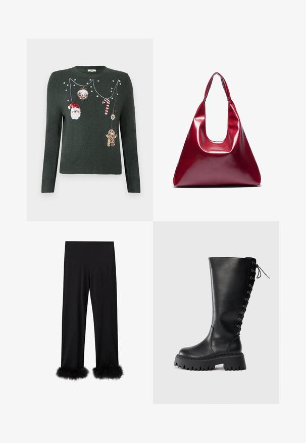 Suéter de punto verde oscuro con embellishments festivos que incluyen a Santa, un caramelo de caña, adornos y un osito de peluche en lentejuelas.; Pantalones negros de tela suave, con piernas anchas y un acabado de pelaje sintético en el dobladillo. El diseño ofrece un corte relajado adecuado para diversas ocasiones.; Bota negra hasta la rodilla hecha de cuero suave con una suela de plataforma gruesa. Presenta detalles de cordones en los laterales y un diseño de punta redonda.; Bolso de piel sintética rojo brillante con forma triangular, abertura superior amplia y un asa curva. Textura suave con detalles de costura mínimos.