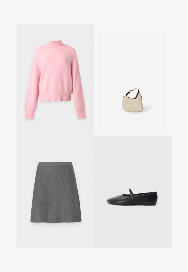 Pull doux rose clair à manches longues avec un col montant et des poignets et un ourlet côtelés, présenté sur un fond clair uni.; Jupe en laine grise avec une taille ajustée, forme évasée et texture lisse. Pas de poches ni de détails métalliques visibles.; Ballerines noires en cuir avec un bout pointu, une semelle plate et une petite sangle avec un détail de boucle en argent.; Sac à main en cuir beige en forme de croissant avec une seule bandoulière et des coutures minimalistes, posé sur un fond blanc uni.