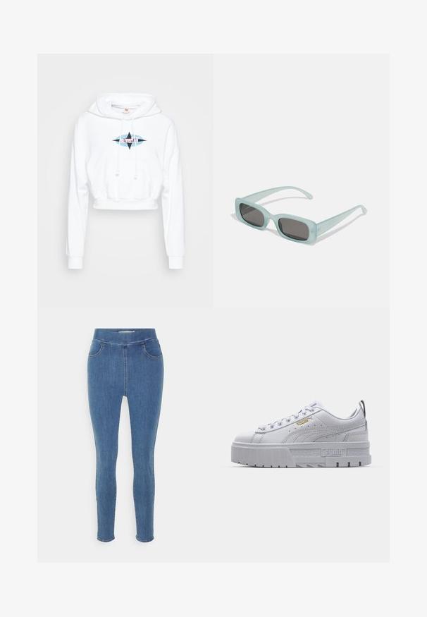 Hvid cropped hoodie med en frontlomme, snoretræk og et grafisk logo med blå og lyserøde elementer på brystet.; Blå denim jeggings med en glat tekstur, høj talje, fem-lomme design og tapered ben. Standard længde med en simpel kant.; Hvide platform sneakers med en glat læderoverdel, polstret krave, grå gummisål og gyldne detaljer med Puma-logoet.; Et par rektangulære solbriller med lyseblå gennemsigtige stel og mørkegrå linser, der har lige templer og minimale hardware detaljer.