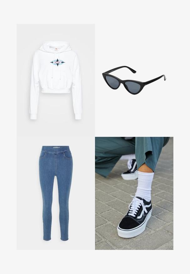 Hvid cropped hoodie med en frontlomme, snoretræk og et grafisk logo med blå og lyserøde elementer på brystet.; Blå denim jeggings med en glat tekstur, høj talje, fem-lomme design og tapered ben. Standard længde med en simpel kant.; Sorte ruskinds sneakers med hvide accenter og snørebånd, der har en tyk hvid sål og kontrasterende syninger, parret med en hvid sok.; Sorte katteøje solbriller med mørkegrå linser, slankt plastisk stel, spidse hjørner og lige stænger. Ingen synlig hardware eller dekorationer.