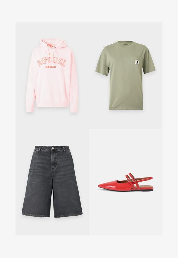 Sudadera con capucha de suave tela rosa, presenta un gráfico de "RIPCURL HAWAII" en blanco y naranja. Capucha con cordones y puños acanalados.; Camiseta de manga corta de color verde oliva con cuello redondo y bolsillo en el pecho con un pequeño parche con el logo de Carhartt.; Pantalones cortos vaqueros negros de talle alto con cierre de botón y cremallera, trabillas para el cinturón y un corte ancho y relajado.; Zapatos planos de charol rojo con talón abierto y puntera puntiaguda, con dos finas correas cruzadas y un diseño minimalista. Suela plana negra.
