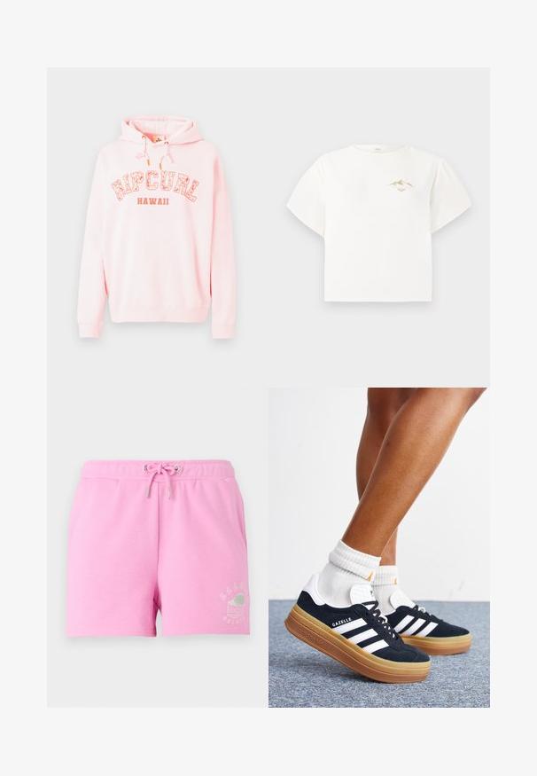 Pehmeast roosast kangast kapuutsiga pusa, millel on valge ja oranž "RIPCURL HAWAII" graafika. Joonistamisega kapuuts ja soonikkoes varrukad.; Valge lühikeste varrukatega T-särk, mis on valmistatud puuvillast. Särgi rinnal on väike kuldne mägi graafika ning see on lahtise, karbiformi lõikega.; Roosa puuvillane lühike püks, millel on elastne vöökoht ja nöör, ning madalal küljel on valge trükitud graafika gelato tassist.; Jalad valgete sokkide ja mustade Adidas Gazelle tossudega, millel on valged triibud ja paksud pruunid tallad, halli vaibaga põrandal.