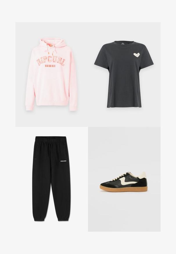 Pullover hoodie i blød pink stof med "RIPCURL HAWAII" grafik i hvid og orange. Snoretræk i hætten og ribbede manchetter.; Sort kortærmet T-shirt med rund hals og lille hvidt hjerteformet motiv på venstre bryst.; Sorte sweatpants lavet af blødt stof, med snoretræk i taljen, tætsiddende ben og sidelommer. "PEGADOR" logo i hvid på fronten.; Sorte ruskinds- og lædersneakers med en cremefarvet side-swoosh og lys cremefarvet hæl. Har beige snørebånd og en gummirubber-sål.