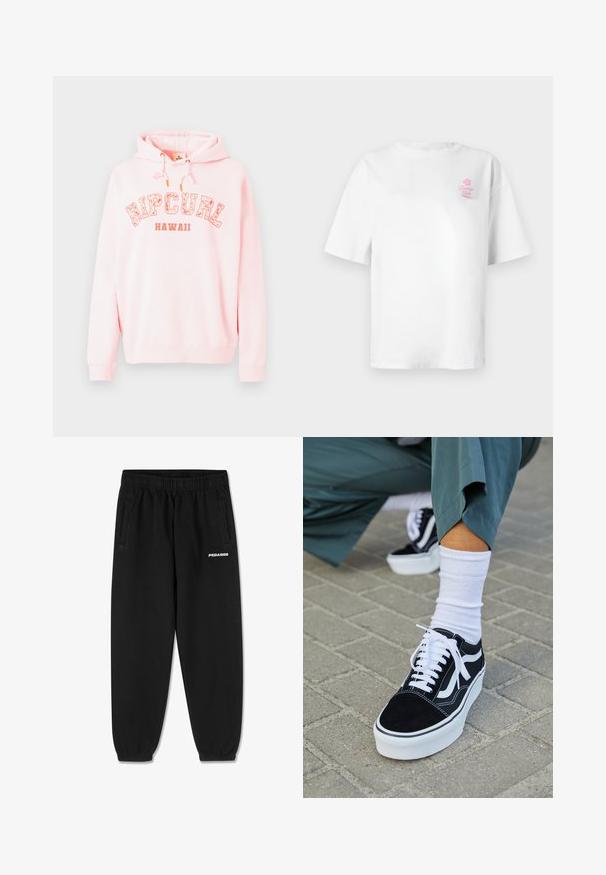 Pullover hoodie in zachte roze stof, met "RIPCURL HAWAII" graphic in wit en oranje. Met een trekkoordhoed en ribgebreide manchetten.; Wit katoenen T-shirt met korte mouwen en ronde hals, met een klein roze "Vacation Club" logo op de linkerborst.; Zwarte sweatpants van zacht materiaal, met een verstelbare tailleband, taps toelopende benen en zijzakken. "PEGADOR" logo in het wit op de voorkant.; Zwarte suède sneaker met witte accenten en veters, uitgerust met een dikke witte zool en contrasterende stiksels, gecombineerd met een witte sok.
