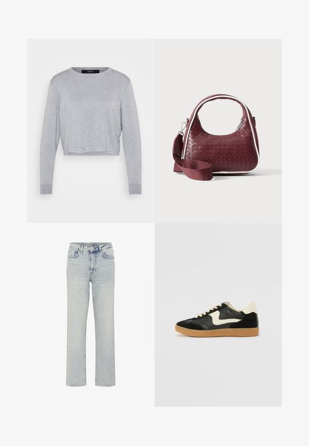 Heled hallid lühikese lõikega sviiter, ümmarguse kaelusega, pikkade varrukatega, soonikute äärtega ja pehme, tekstureeritud viimistlusega.; My Essential Wardrobe WIDE 05 THE LOUIS 139 - Avar lõikega teksad - light blue dirty wash; Must musta ja nahast sneakersid, millel on koorevärvi külgsuund ja hele koorik. Omab beeži paelu ja kummi kummist välistalla.; Väike bordoopunutud nahkkäekott kumerate käepidemete, valgete äärte, hõbedase tõmblukuga ja eemaldatava laiast kangast õlarihmaga lihtsa taustaga.