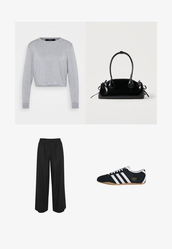 Lys grå cropped sweater med rund hals, lange ærmer, ribbede manchetter og en blød, tekstureret finish.; Sorte bukser med brede ben, elastisk talje og snøre, lavet af letvævet stof, vist mod en hvid baggrund.; Sort ruskinds sneaker med hvide tre striber, guldlogo og en brun gummisål. Har et lavprofil snørebåndsdesign.; Lille sort blank håndtaske med to lange håndtag og snøre-detaljer i siden på en ensfarvet lys baggrund.