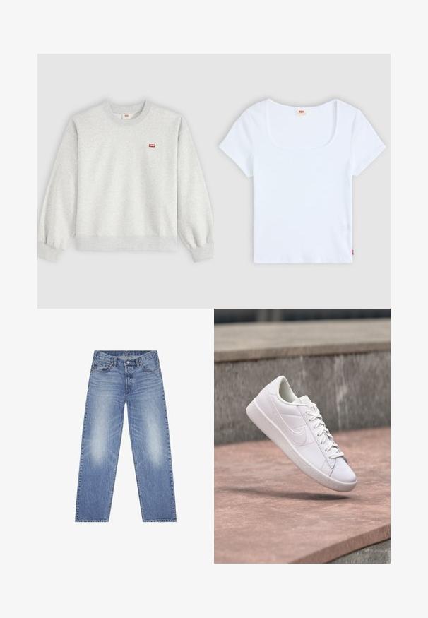 Svetlosivá mikina s okrúhlym výstrihom, dlhými rukávmi a malým červeným logom Levi's na ľavej strane hrude.; Biely top s krátkym rukávom a štvorcovým výstrihom, vyrobený z rebrovaného materiálu. Obsahuje malú červenú značku na spodnej ľavej strane.; Svetlomodré džíny z denimu s rovnými nohavicami, dizajnom s piatimi vreckami a viditeľným vyblednutím na stehnách. Obsahujú gombíkový zapínací systém a pútka na opasok.; Biela nízka teniska Nike so šnúrkami zavesená nad betónovým okrajom na pozadí sivej kamennej steny vonku.
