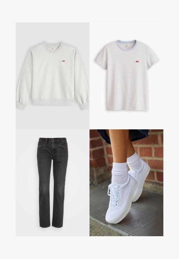 Lichtgrijze crewneck-sweatshirt met lange mouwen en een klein rood Levi's-logo op de linkerborst.; Wit T-shirt met korte mouwen met dunne horizontale blauwe en beige strepen en een klein rood Levi's-logo op de linkerborst.; Zwarte denim jeans met een recht model, voorzien van een klassiek vijf-pocket ontwerp, een ritssluiting en contrasterende stiksels langs de naden.; Witte canvas sneakers met rubberen zolen, voorzien van zes vetertjes, een ronde neus en lichte stikdetails, gecombineerd met witte enkelsokken.