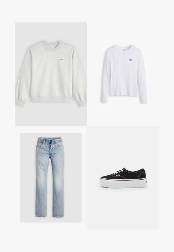 Svetlosivá mikina s okrúhlym výstrihom, dlhými rukávmi a malým červeným logom Levi's na ľavej strane hrude.; Biela košeľa s dlhým rukávom vyrobená z mäkkého bavlneného materiálu. Na ľavej strane hrude je malá červená nášivka Levi's. Klasický dizajn s okrúhlym výstrihom.; Svetlo modré džínsy s rovnými nohavicami, zapínanie na päť gombíkov a zadné vrecká s jemným prešívaním.; Čierne plátenné tenisky s bielou gumovou platformou, s bielymi šnúrkami a stehmi, ikonickým logom na boku, nízkoprofilový dizajn.