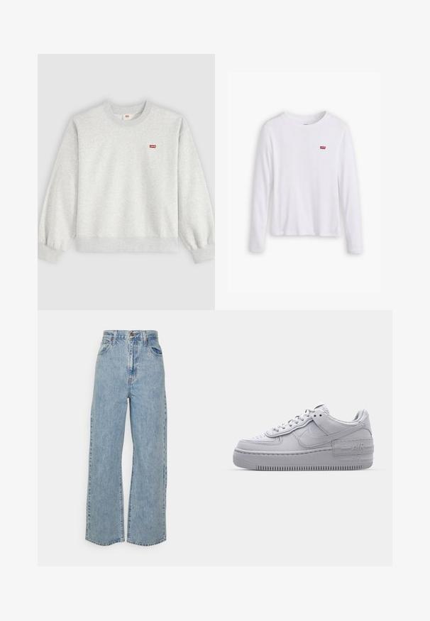 Svetlosivá mikina s okrúhlym výstrihom, dlhými rukávmi a malým červeným logom Levi's na ľavej strane hrude.; Biela košeľa s dlhým rukávom vyrobená z mäkkého bavlneného materiálu. Na ľavej strane hrude je malá červená nášivka Levi's. Klasický dizajn s okrúhlym výstrihom.; Svetlomodré široké deninové džínsy s vysokým pásom, predným zapínaním na gombík, zipsom a piatimi vreckami na jednofarebnom pozadí.; Šedé tenisky Nike Air Force 1 s perforovanou špičkou, hladkým koženým zvrškom, hrubou podrážkou a embosovaným detailom 'AIR' na päte.